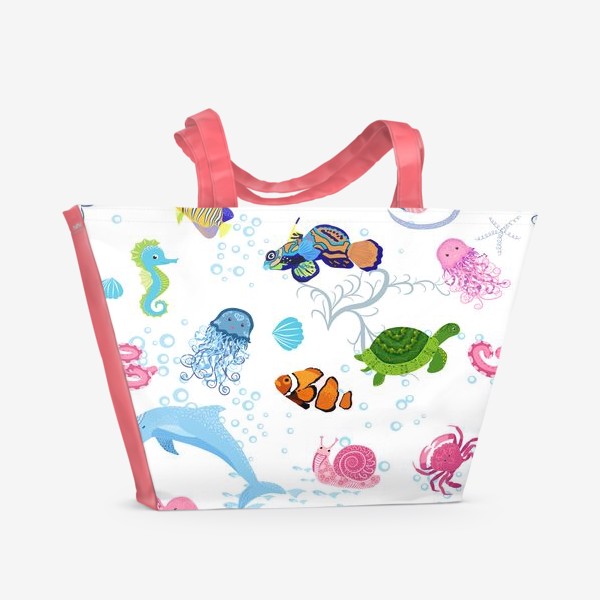 Пляжная сумка «Морские обитатели паттерн. Дельфин, осьминог, медузы, краб, рыба-клоун, черепаха, морской конек и император, скат и др.»