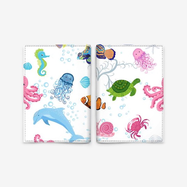 Обложка для паспорта «Морские обитатели паттерн. Дельфин, осьминог, медузы, краб, рыба-клоун, черепаха, морской конек и император, скат и др.»