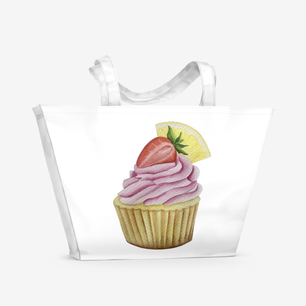 Пляжная сумка «Капкейк с клубникой и лимоном. Акварель»