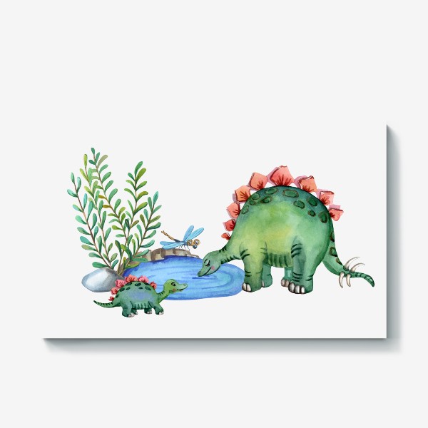 Холст «Милые динозавры. Малыш и мама - стегозавр пьют воду.»
