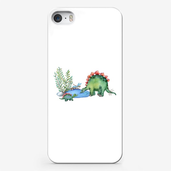 Чехол iPhone «Милые динозавры. Малыш и мама - стегозавр пьют воду.»