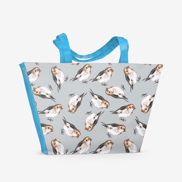 Пляжная сумка «Арктический воробей. Птички на сером фоне»