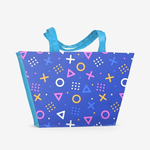 Пляжная сумка «Геометрический узор на синем фоне - круги, треугольники, крестик»