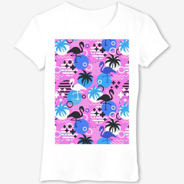 Футболка &laquo;Узор Майами - фламинго и пальмы. Летний узор на розовом фоне&raquo;