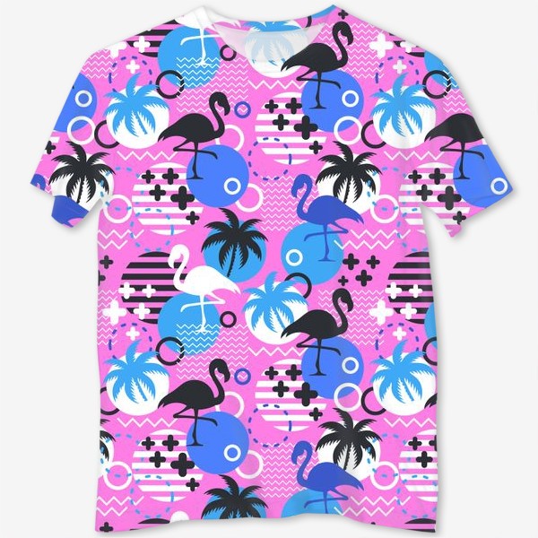 Футболка с полной запечаткой &laquo;Узор Майами - фламинго и пальмы. Летний узор на розовом фоне&raquo;
