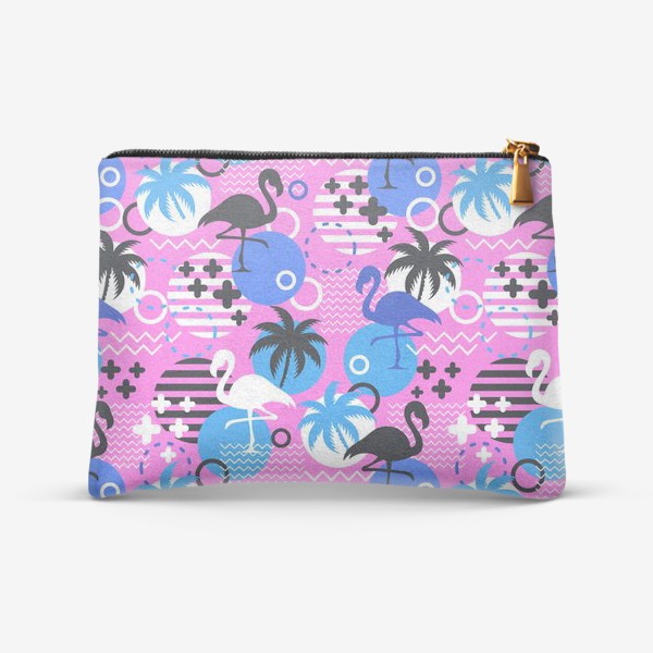 Косметичка «Узор Майами - фламинго и пальмы. Летний узор на розовом фоне»