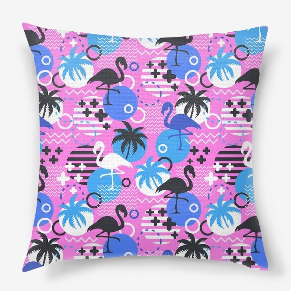 Подушка &laquo;Узор Майами - фламинго и пальмы. Летний узор на розовом фоне&raquo;