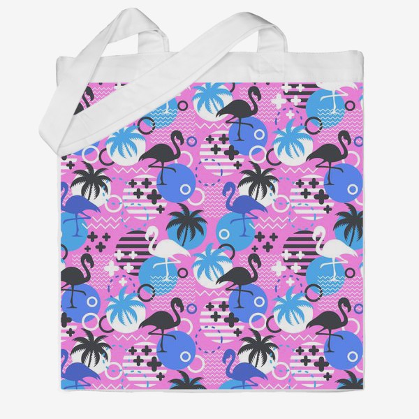 Сумка хб «Узор Майами - фламинго и пальмы. Летний узор на розовом фоне»