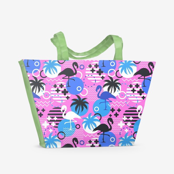 Пляжная сумка «Узор Майами - фламинго и пальмы. Летний узор на розовом фоне»