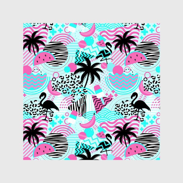 Шторы &laquo;Геометрическая абстракция с пальмами и фламинго. Летний стиль&raquo;
