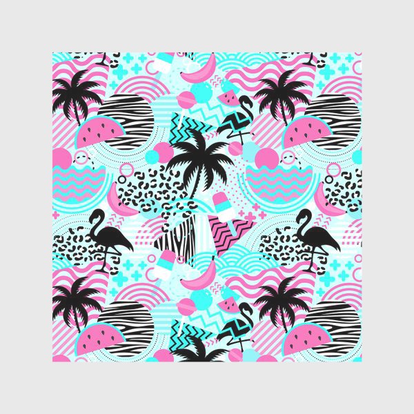 Скатерть «Геометрическая абстракция с пальмами и фламинго. Летний стиль»