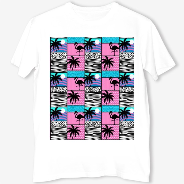 Футболка «Узор Майами - фламинго и пальмы. Летний лоскутный узор »