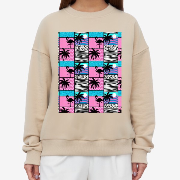 Свитшот «Узор Майами - фламинго и пальмы. Летний лоскутный узор »