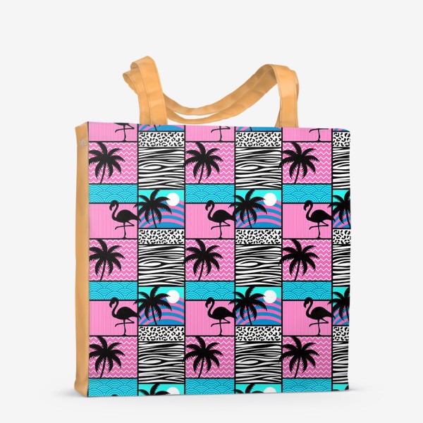 Сумка-шоппер «Узор Майами - фламинго и пальмы. Летний лоскутный узор »