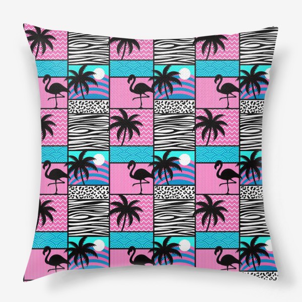 Подушка «Узор Майами - фламинго и пальмы. Летний лоскутный узор »