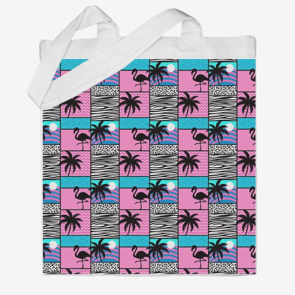 Сумка хб «Узор Майами - фламинго и пальмы. Летний лоскутный узор »