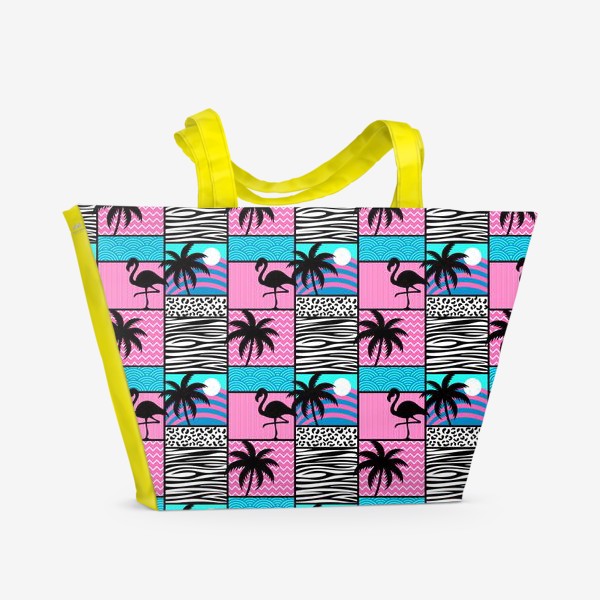 Пляжная сумка «Узор Майами - фламинго и пальмы. Летний лоскутный узор »