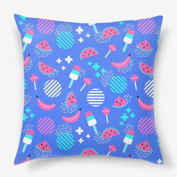 Подушка «Стильный узор для лета с арбузами, бананами, мороженым, розовый и голубой цвет»