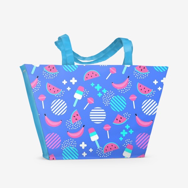 Пляжная сумка &laquo;Стильный узор для лета с арбузами, бананами, мороженым, розовый и голубой цвет&raquo;