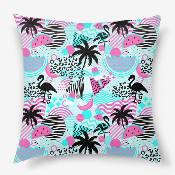 Подушка «Геометрическая абстракция с пальмами и фламинго. Летний стиль»