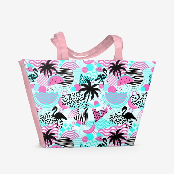 Пляжная сумка «Геометрическая абстракция с пальмами и фламинго. Летний стиль»