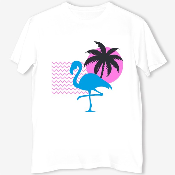 Футболка «Фламинго на фоне розового солнца и пальмы»