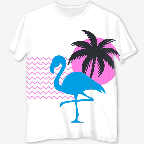 Футболка с полной запечаткой «Фламинго на фоне розового солнца и пальмы»