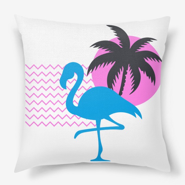Подушка «Фламинго на фоне розового солнца и пальмы»
