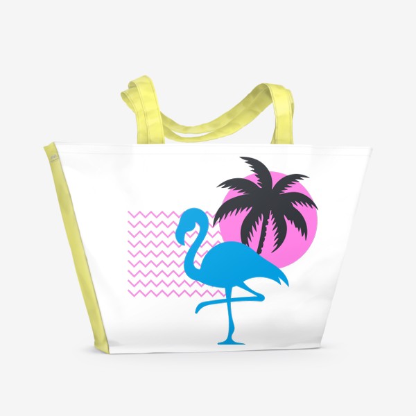 Пляжная сумка «Фламинго на фоне розового солнца и пальмы»