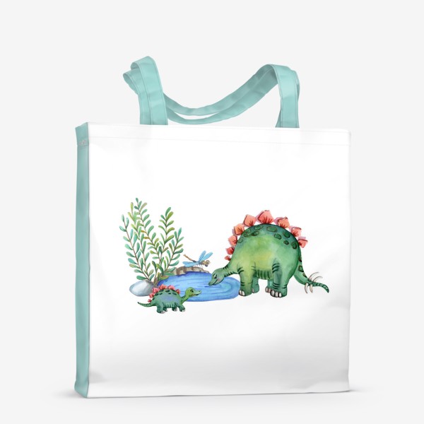 Сумка-шоппер «Милые динозавры. Малыш и мама - стегозавр пьют воду.»