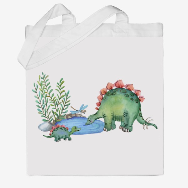 Сумка хб «Милые динозавры. Малыш и мама - стегозавр пьют воду.»