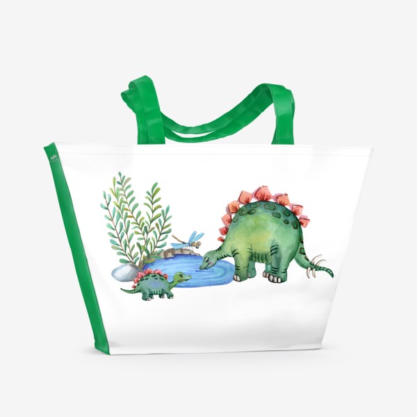 Пляжная сумка «Милые динозавры. Малыш и мама - стегозавр пьют воду.»