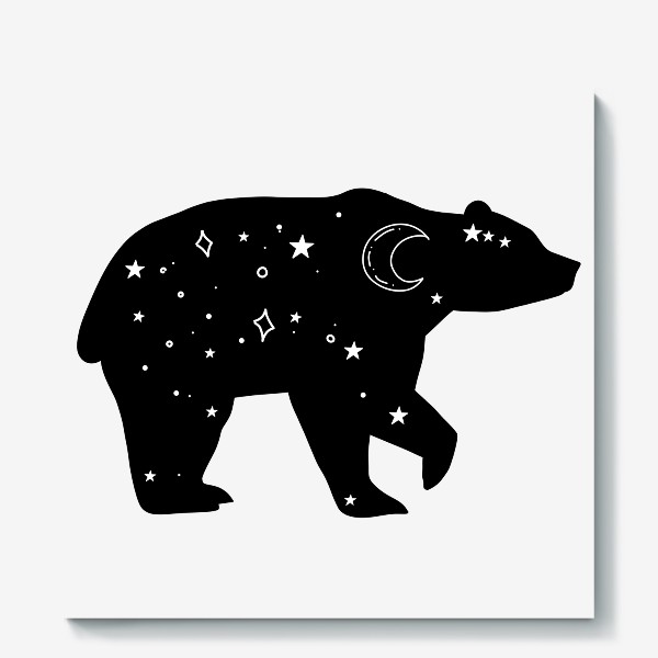 Холст «медведь со звездами и луной. черный силуэт медведя с ночным небом »
