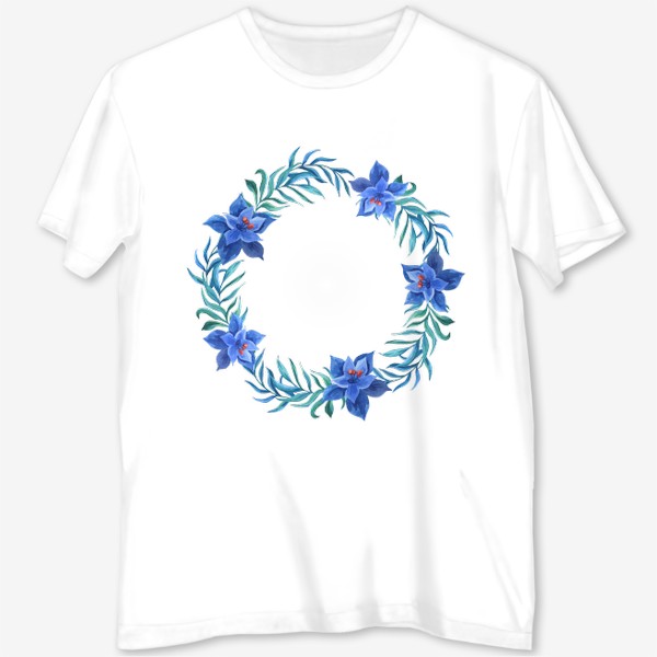Футболка с полной запечаткой «Венок с синими тропическими цветами и листьями»