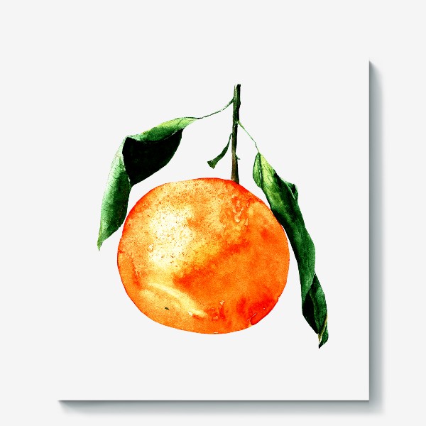 Холст «мандарин с листиками. акварельный ботанический рисунок оранжевого мандарина с зелеными листьями новогодняя еда»