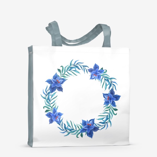Сумка-шоппер «Венок с синими тропическими цветами и листьями»