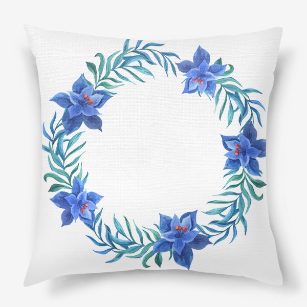 Подушка «Венок с синими тропическими цветами и листьями»