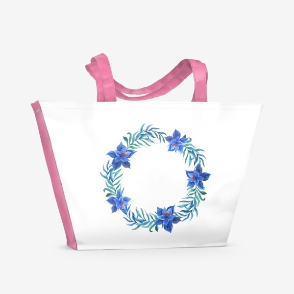 Пляжная сумка «Венок с синими тропическими цветами и листьями»