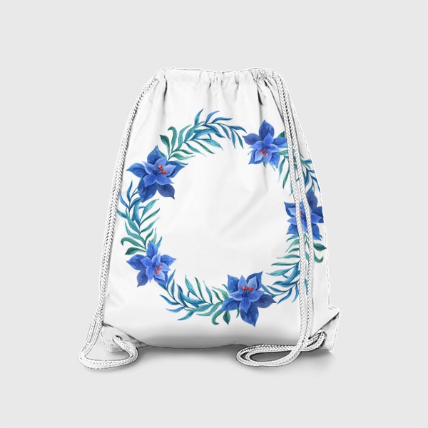 Рюкзак «Венок с синими тропическими цветами и листьями»