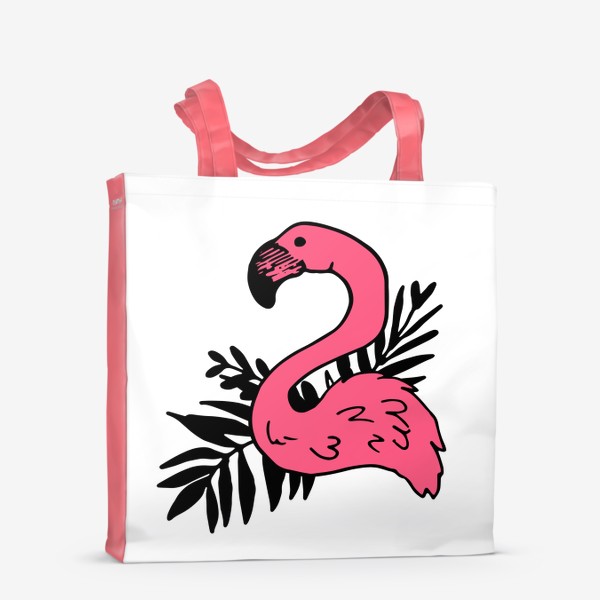 Сумка-шоппер «розовый фламинго с черными тропическими листьями. рисунок тропической птицы фламинго »