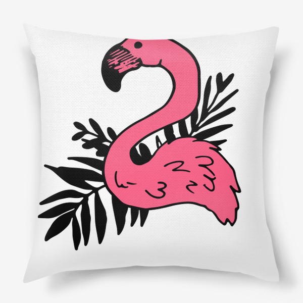 Подушка «розовый фламинго с черными тропическими листьями. рисунок тропической птицы фламинго »