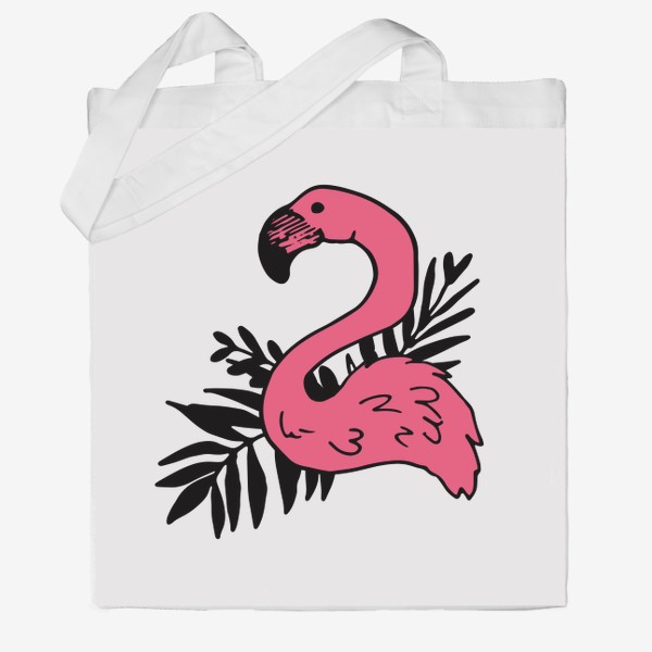 Сумка хб «розовый фламинго с черными тропическими листьями. рисунок тропической птицы фламинго »