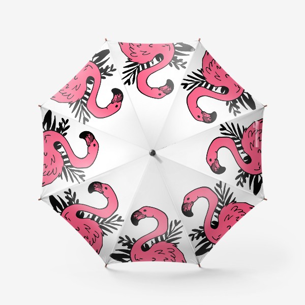 Зонт «розовый фламинго с черными тропическими листьями. рисунок тропической птицы фламинго »