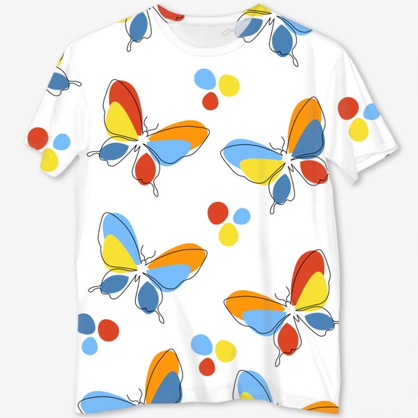 Футболка с полной запечаткой «Бабочки.Бесшовный современный паттерн с разноцветными бабочками.»