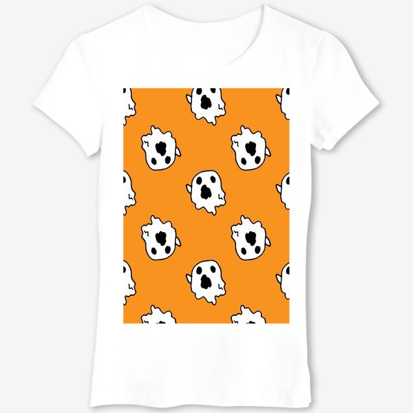 Футболка «паттерн из мультяшного приведения на оранжевым фоне. узор из белого кричащего призрака с черным для хэллоуина»