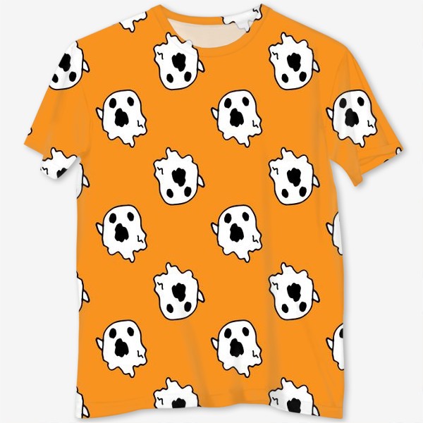 Футболка с полной запечаткой «паттерн из мультяшного приведения на оранжевым фоне. узор из белого кричащего призрака с черным для хэллоуина»