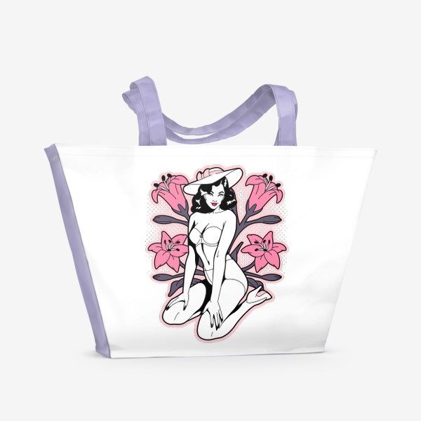 Пляжная сумка &laquo;Пинап девушка в шляпе и цветы лилии&raquo;