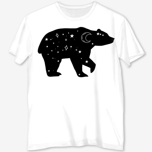 Футболка с полной запечаткой «медведь со звездами и луной. черный силуэт медведя с ночным небом »