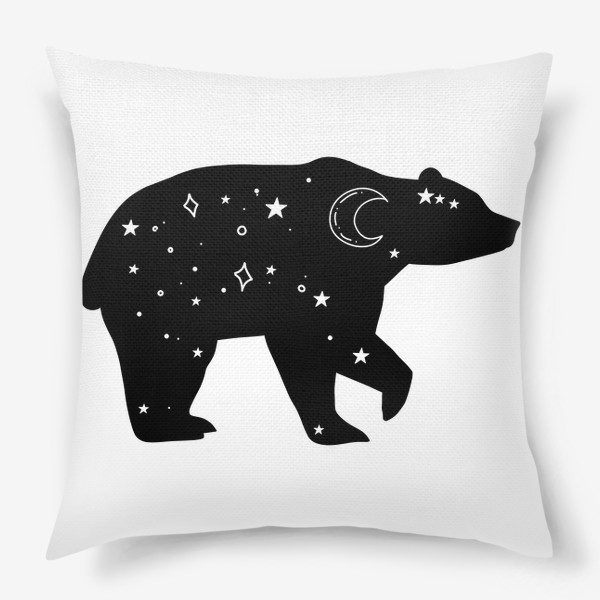 Подушка «медведь со звездами и луной. черный силуэт медведя с ночным небом »