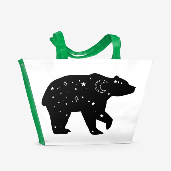 Пляжная сумка «медведь со звездами и луной. черный силуэт медведя с ночным небом »